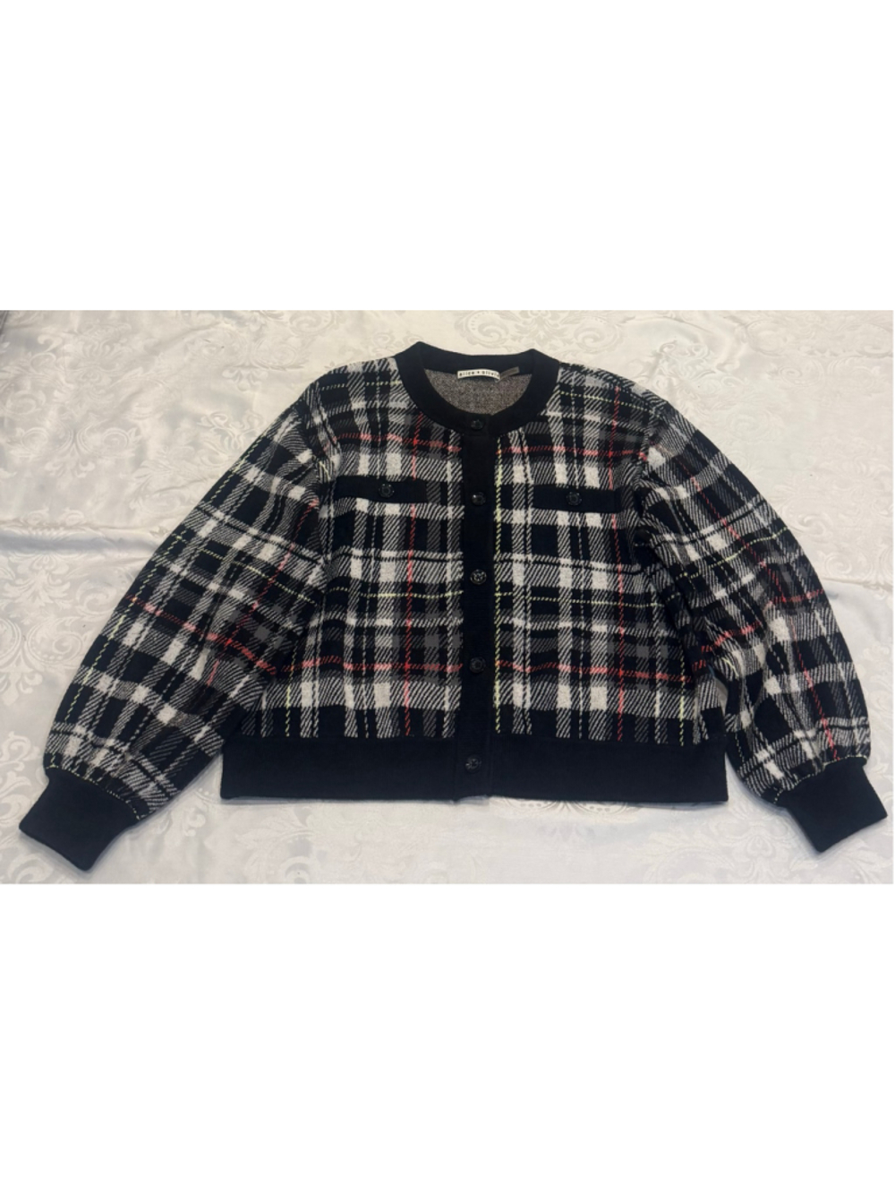 Alice + Olivia Bradford Plaid Boyfriend Cardigan Sweater Size L - Picture 3 of 7